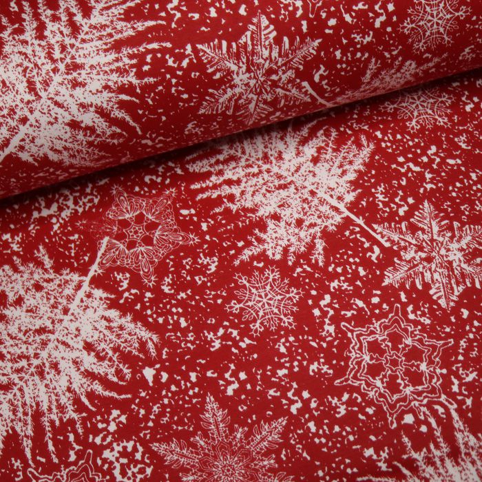 Ткань декоративная Duck с тефлоновой пропиткой шир.180см белые снежинки и листья на красном 