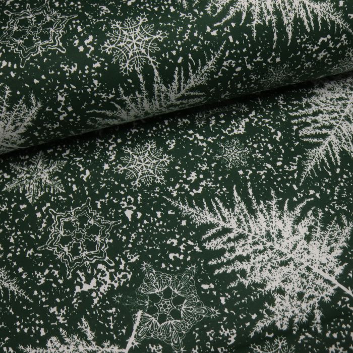 Ткань декоративная Duck с тефлоновой пропиткой шир.180см белые снежинки и листья на зеленом