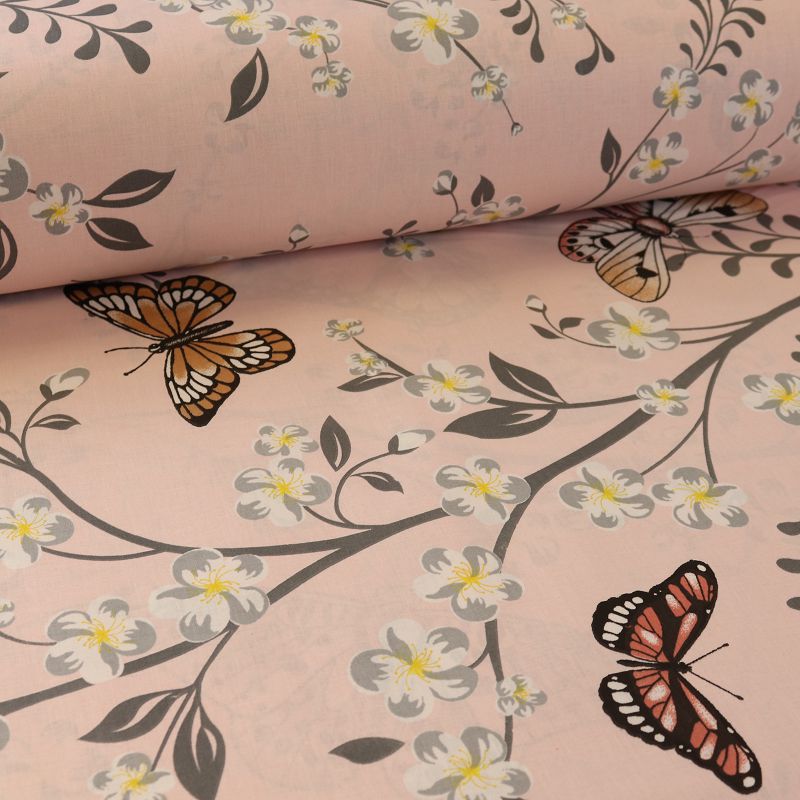 Поплин шир.240см, крупные бабочки и веточки с цветами на розовом