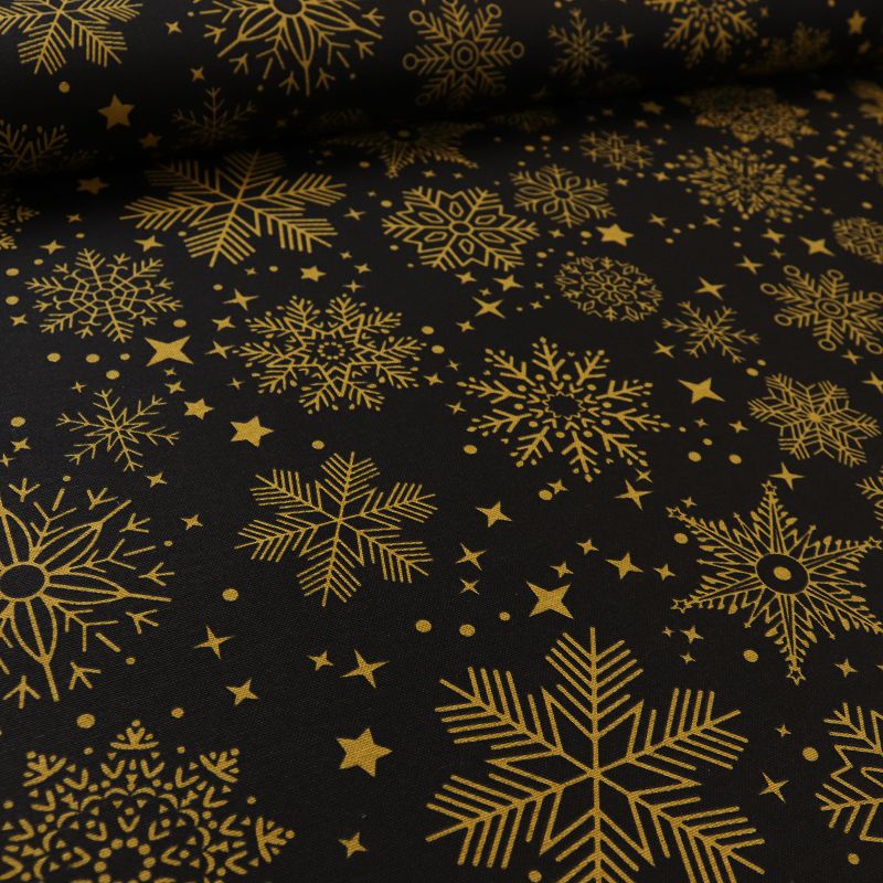 Ткань декоративная Duck с тефлоновой пропиткой шир.180см золотые снежинки на черном (670=00)
