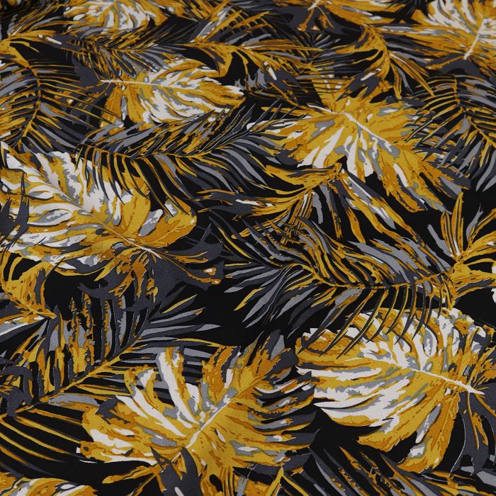 Штапель шир.150см, горчично-серые листья монстеры на черном